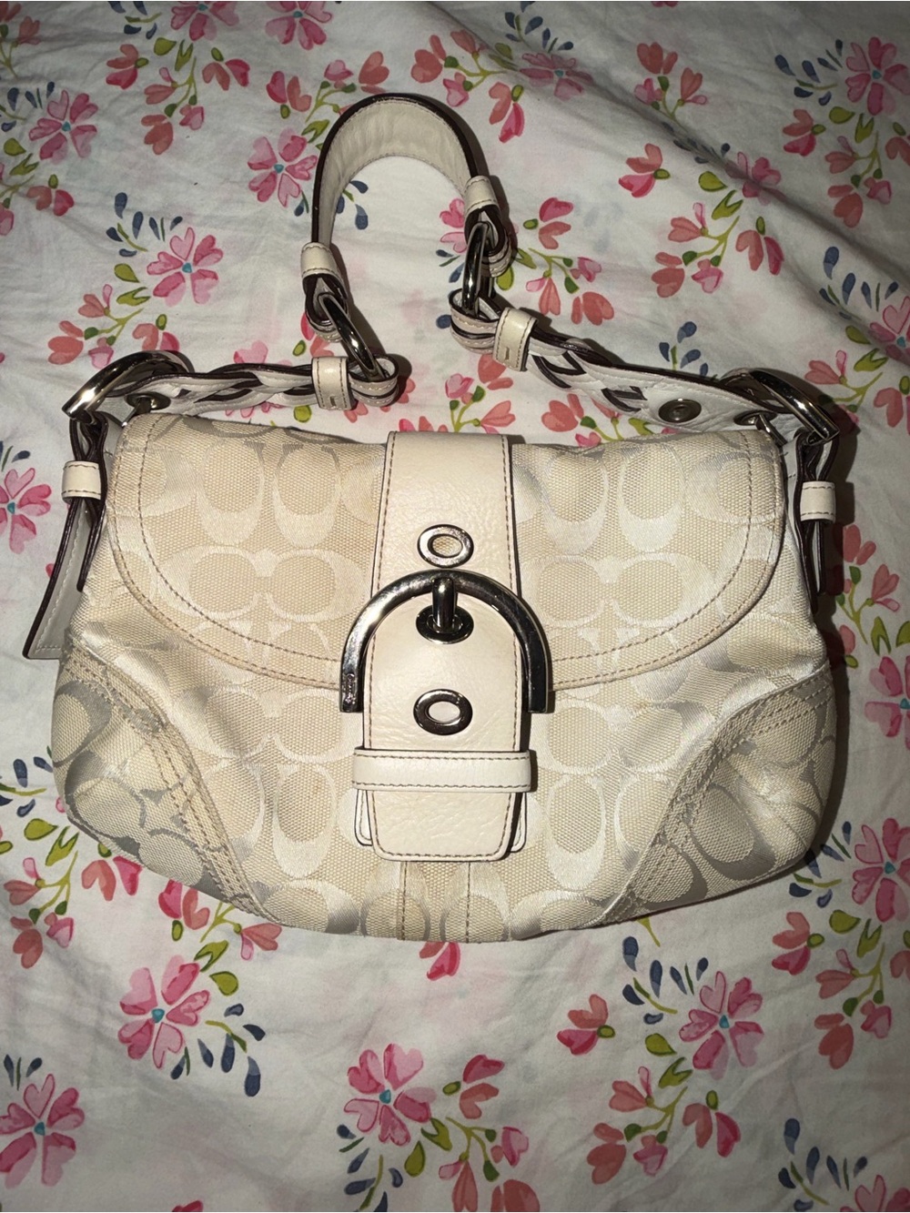 Coach Cream Signature Canvas Shoulder Bag with Silver Hardware